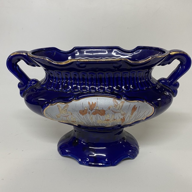 Vase, Antique Urn - Dark Blue Gold w Floral Detail